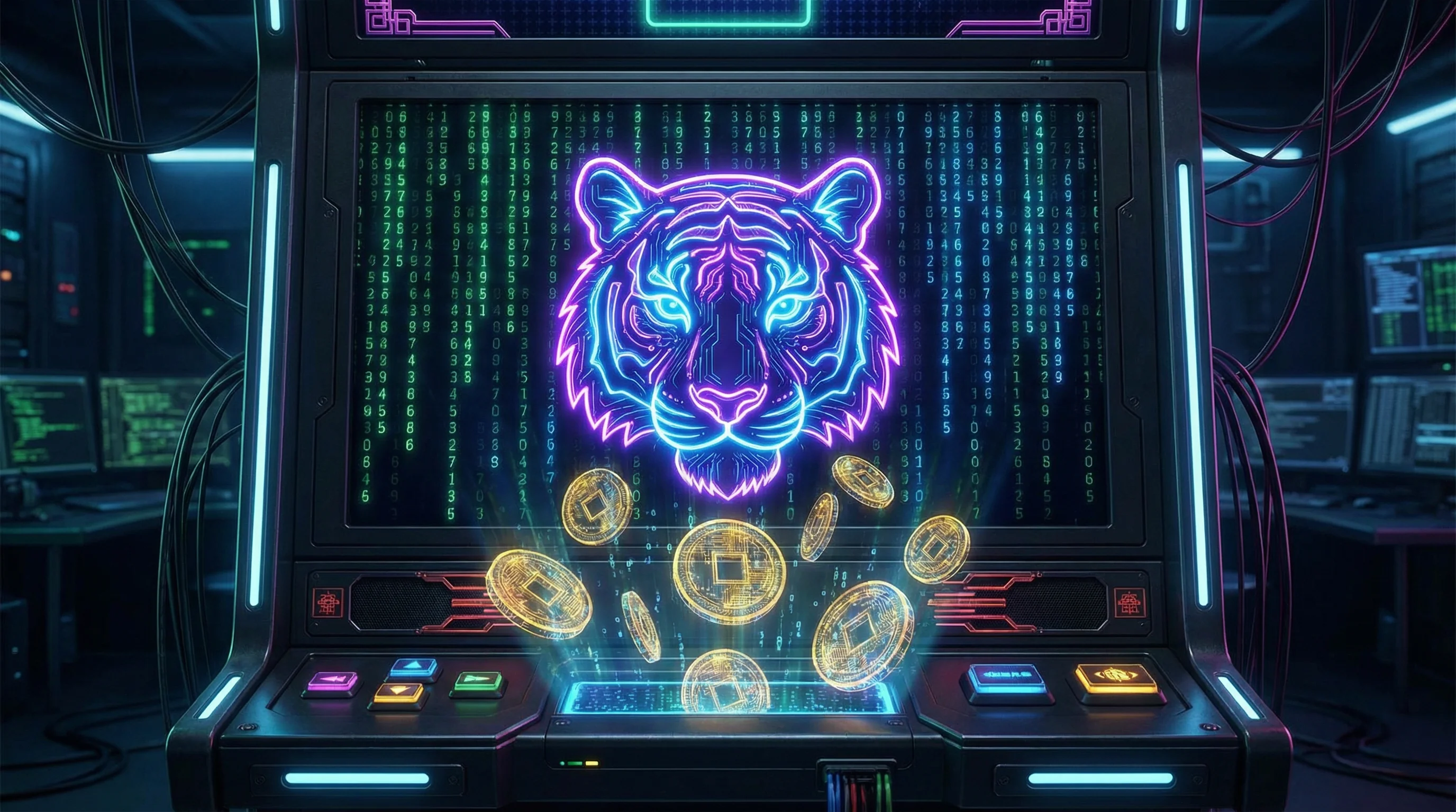 Jogo Fortune Tiger com tigre neon e moedas douradas no bullsbet